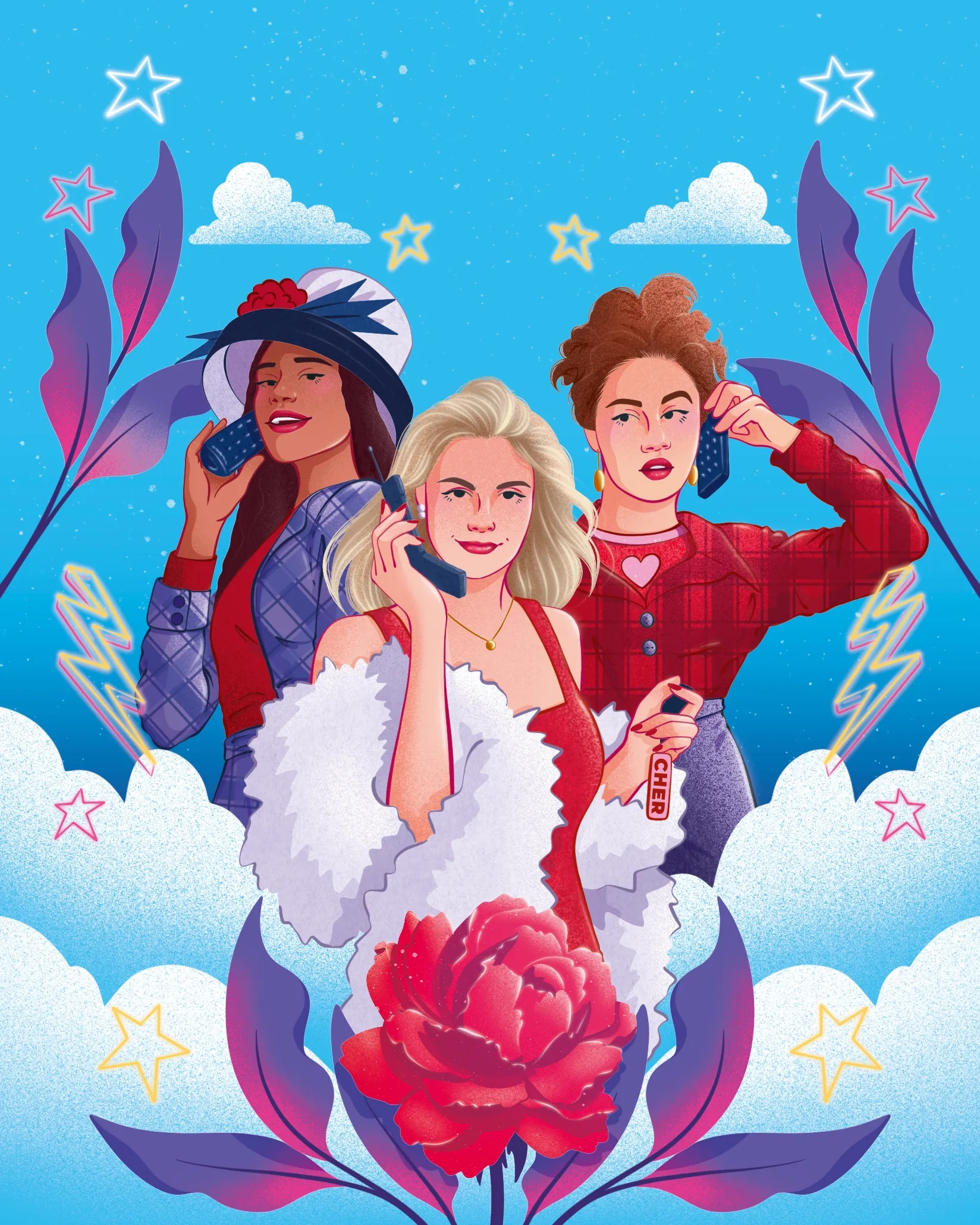 Illustration des trois personnages principaux de Clueless, réalisée pour la couverture du Clueless Tarot Deck
