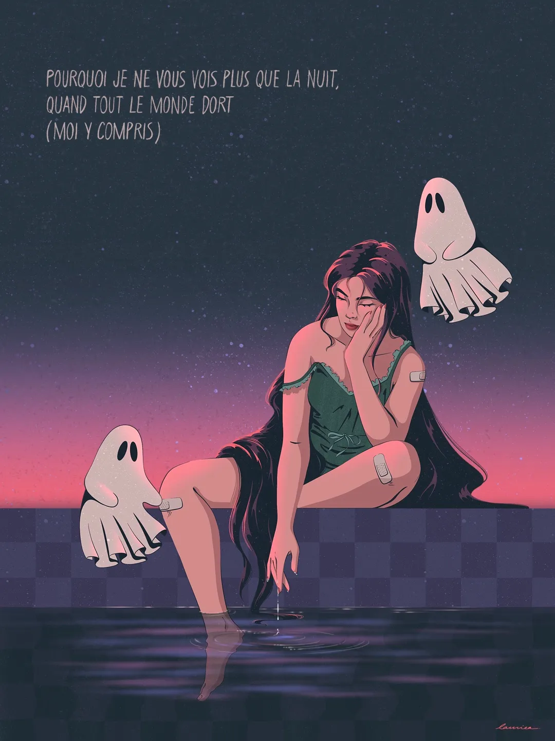 Illustration mélancolique d'une jeune femme entourée de deux fantomes