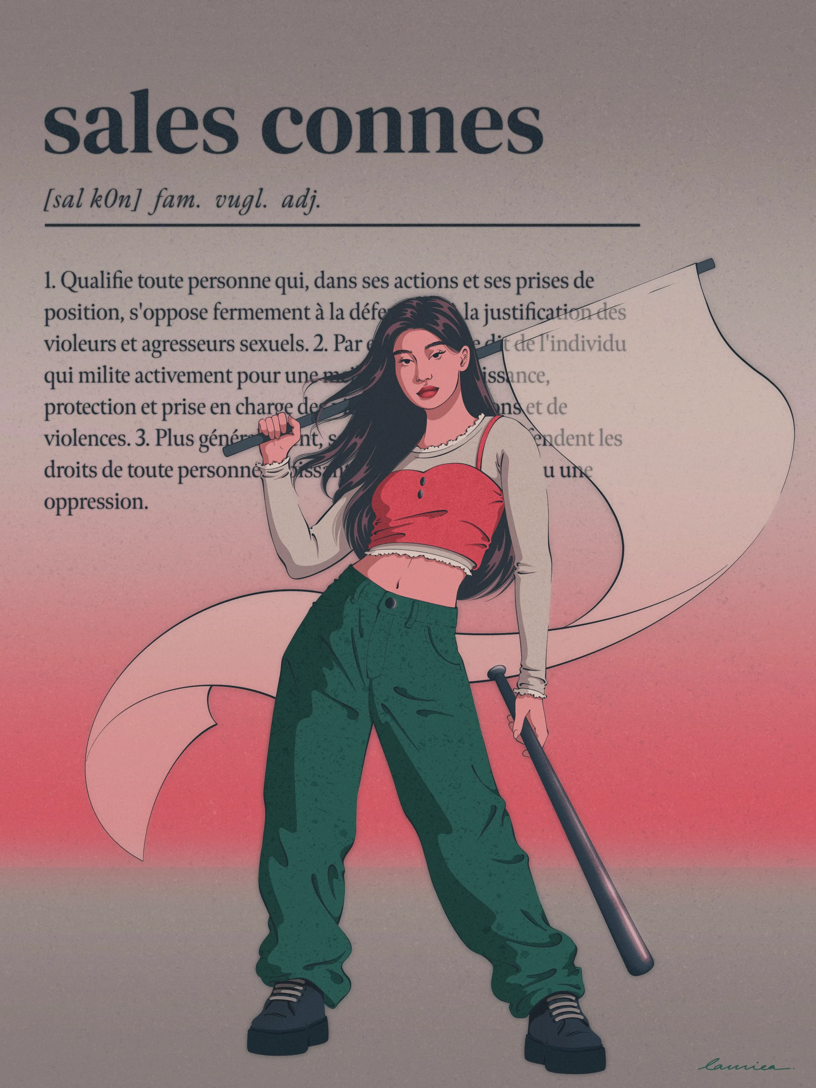 Illustration engagée en réponse aux propos de B.Macron, représentant une jeune femme devant un texte soutenant le travail des féministes