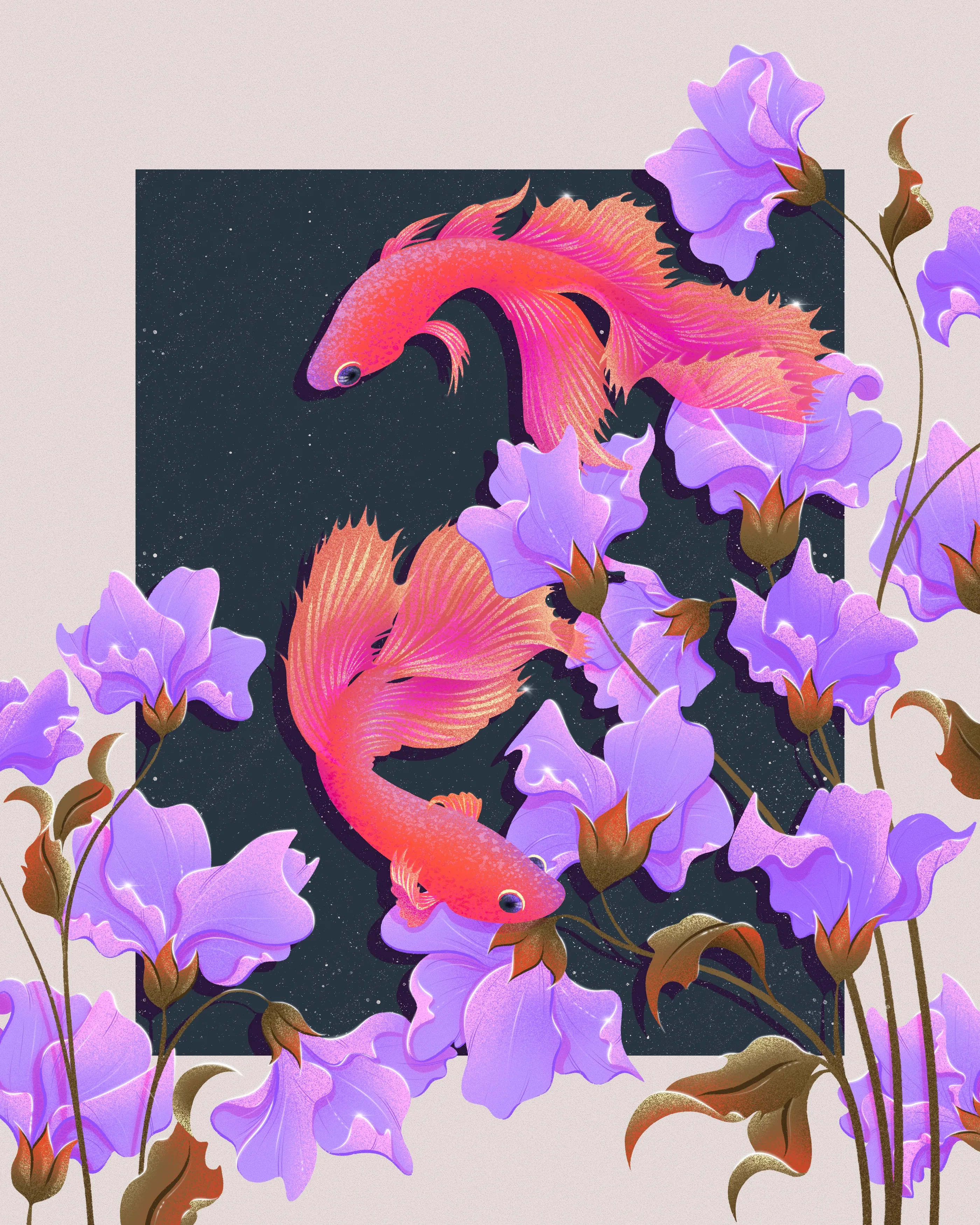 Deux poissons combattants nagent au milieu des fleurs