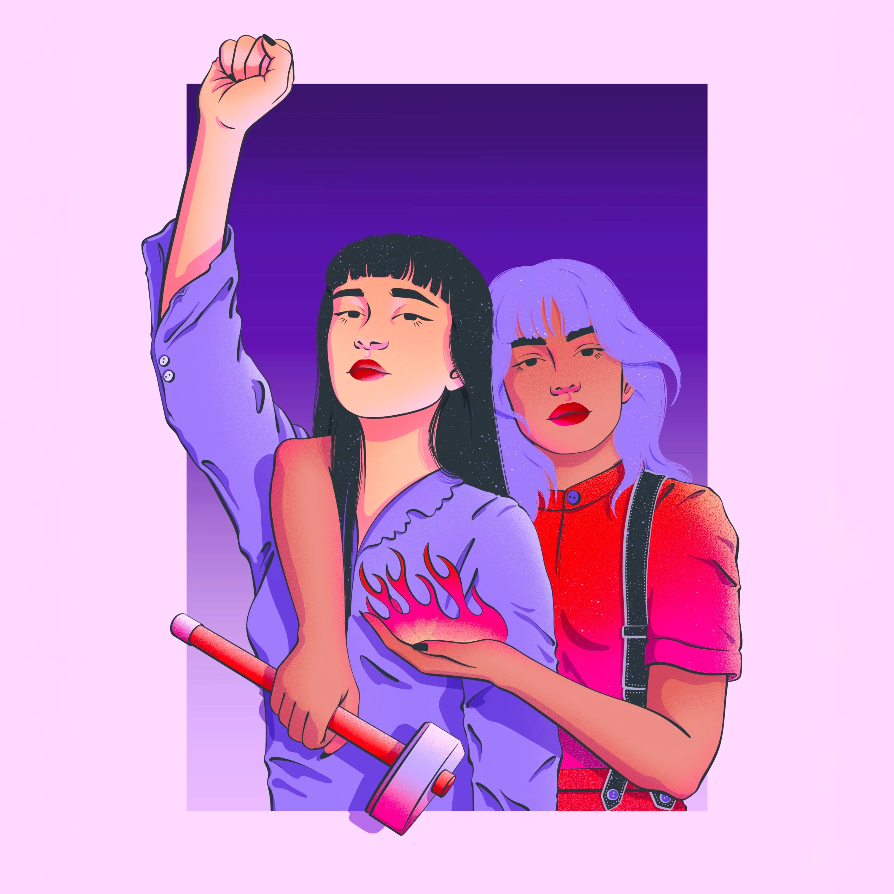 Illustration de deux femmes révolutionnaires dans des couleurs roses, rouges et violettes.