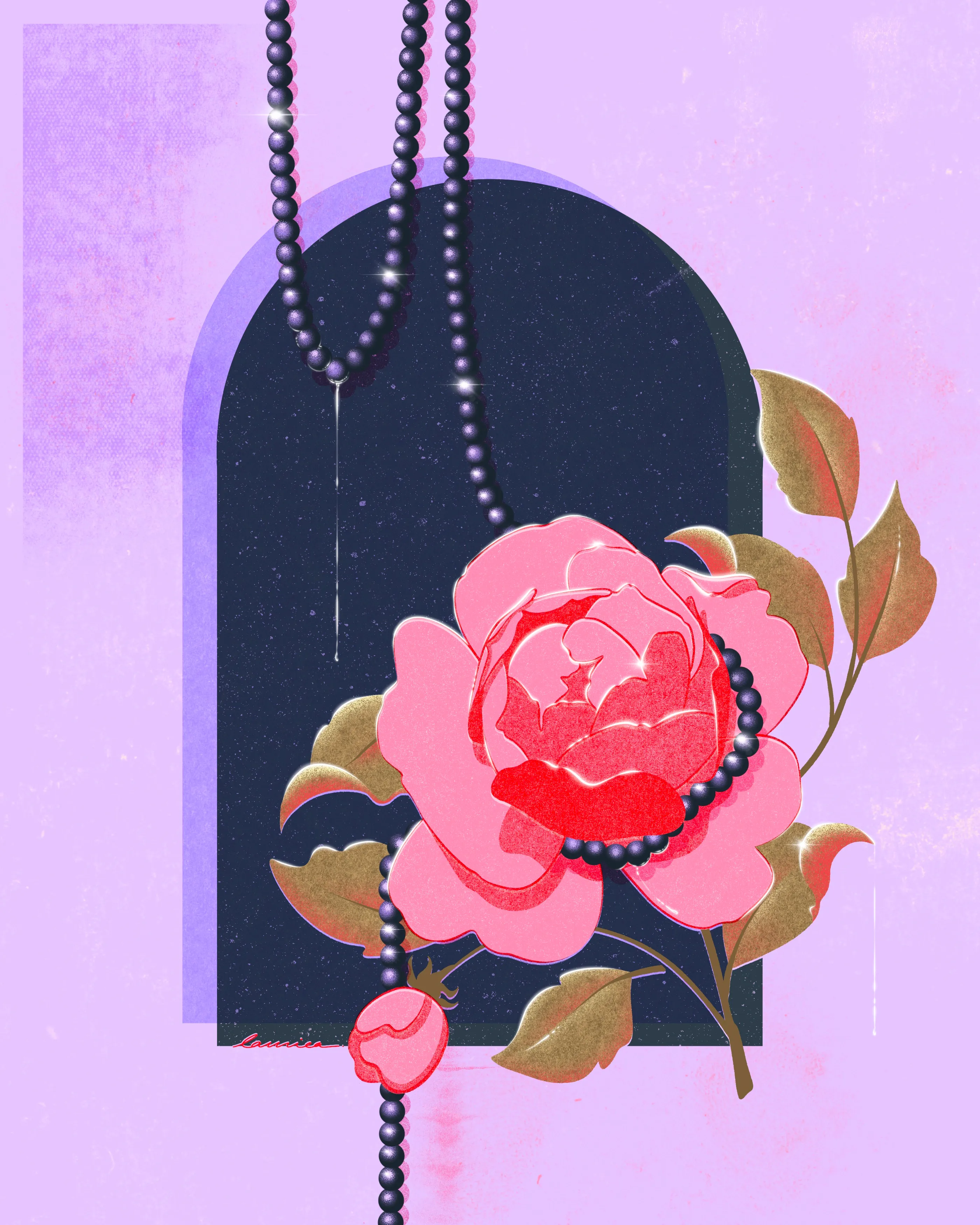 Illustration façon riso de perles entourant une pivoine